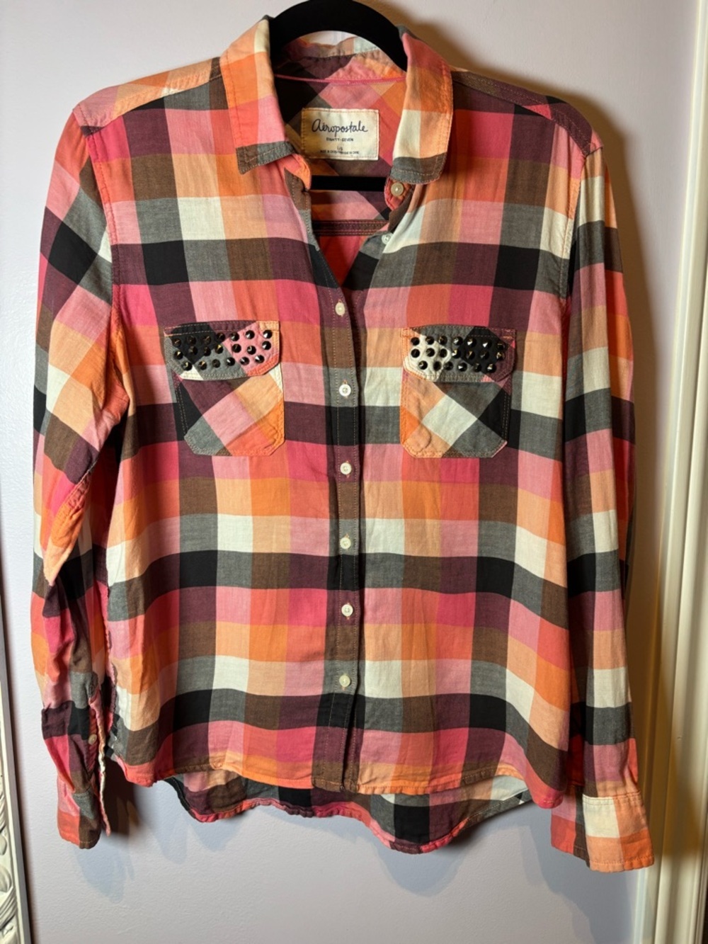 Aeropostale Coral Pink Orange Plaid Studded Pocket Shirt Size Large